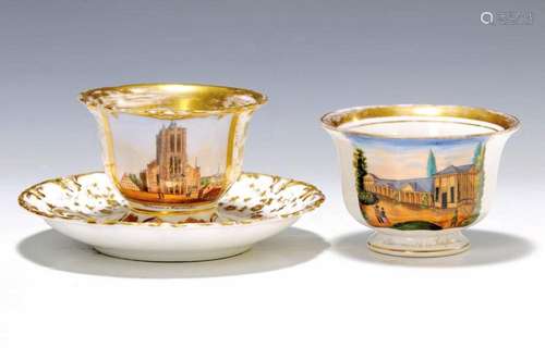 three cups with views, German, 1840-80, porcelain