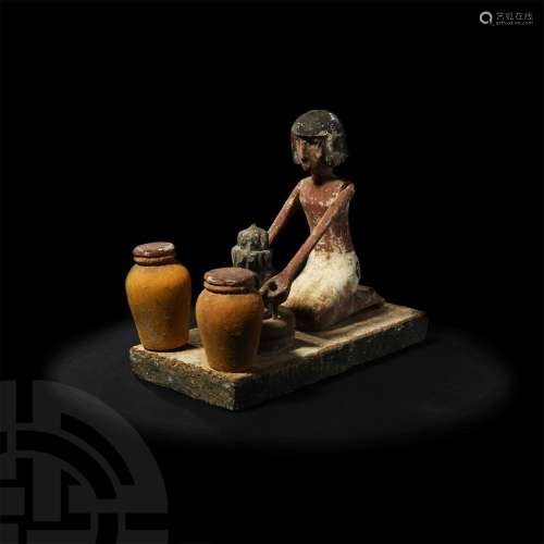 Egyptian Wooden Kneeling Figure Diorama