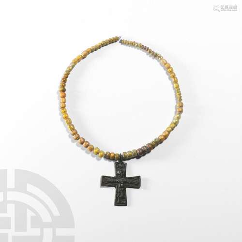 Viking Gold in Glass Bead Necklace with Cross Pendant