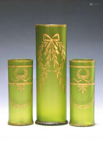 three vases, France, around 1900, green glass , with gold