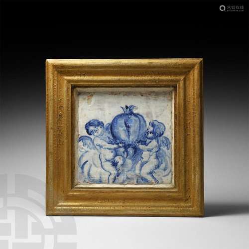 Blue and White Framed Tile with Cherubs