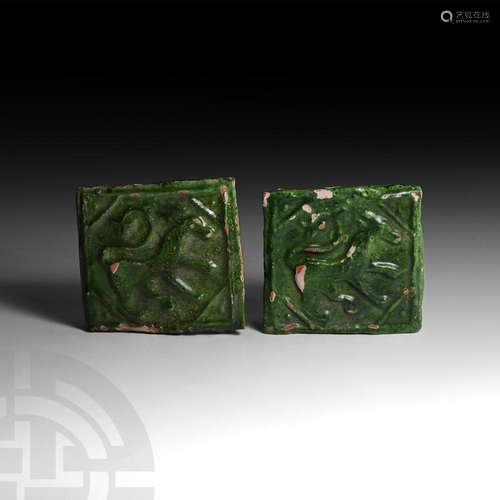 Green Glazed Tile Pair with Fantastic Beasts