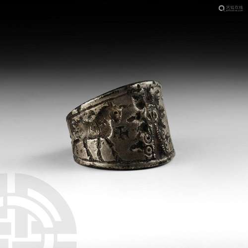 Early Assyrian Ring with Two Heraldic Bulls Next to the Tree...