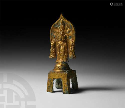 Chinese Yan Gilt Buddha with Attendants with Flaming Aureole