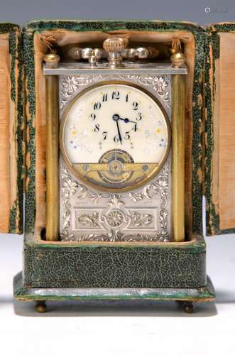 Small traveling clock in case, around 1900/10,silver