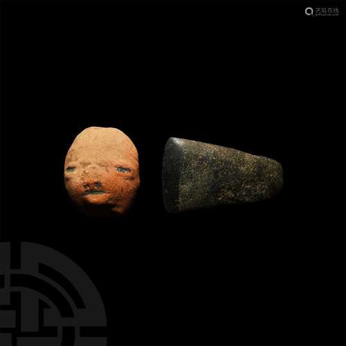 Pre-Columbian Terracotta Head and Adze Group