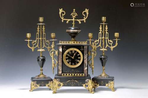 Mantel clock with two candelabras, France around 1900