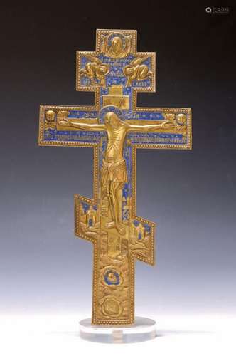 Russian cross, from an Icon, around 1820/30, brass, blue