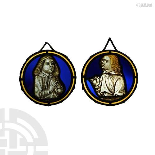 Medieval Stained Glass Panel Pair with Portraits