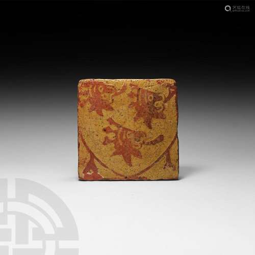 English Medieval Glazed Tile with Three Lions in Heraldic Sh...