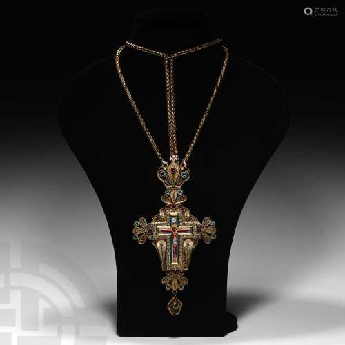 Gilt Silver Jewel-Encrusted Cross and Chain