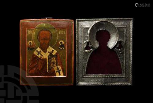Russian Icon of Saint Nicholas and Separate Silver Cover