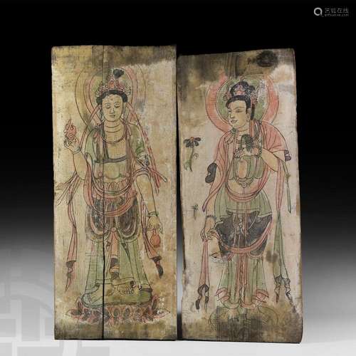 Chinese Painted Panels with Bodhisattva