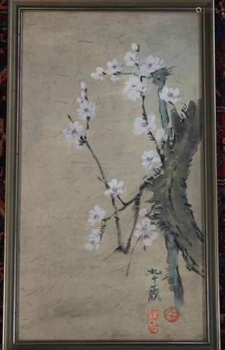 CHINESISCHES AQUARELL, KIRSCHBLÜTEN, GER./GLAS