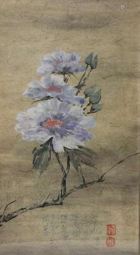 CHINESISCHES AQUARELL, BLUMEN, GER./GLAS, RG 79 X 46CM.