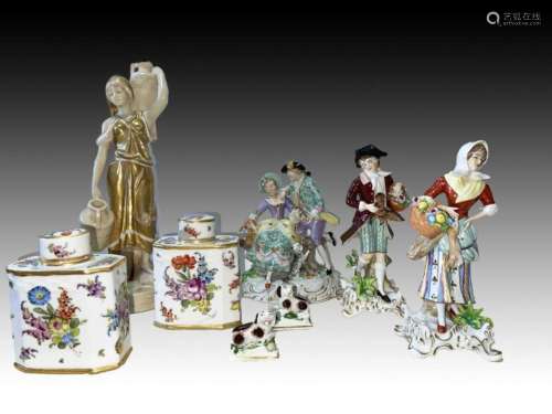 An Assortment Of European Figures & Pair Tea Caddy's