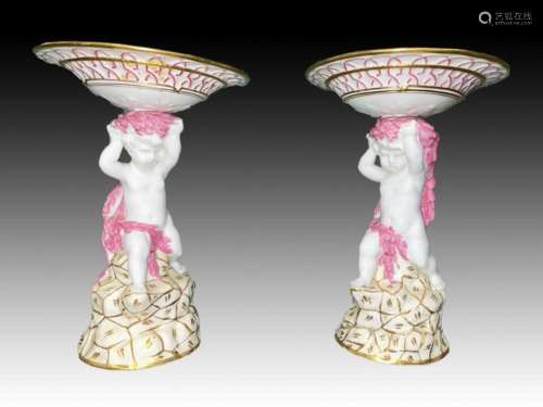 Pair Of English Cherubs Tazzas Possibly Minton 19th Century