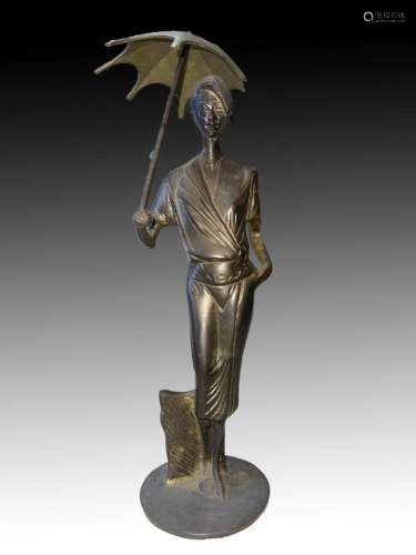 Bronze Figure Of A Lady Holding An Umbrella 20th Century