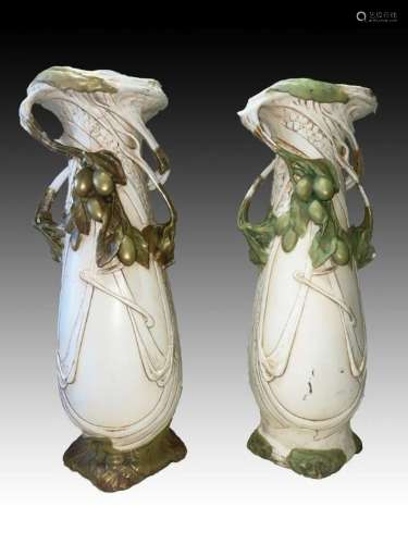 Pair Of Royal Dux Olive Tree Vases 1900's