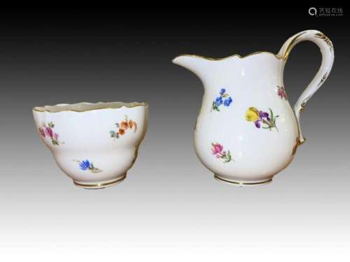 Meissen Floral Hand Painted Creamer & Sugar Pot 19th/20t...