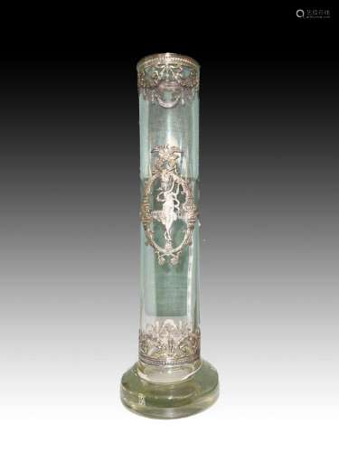 A Large French Crystal & White Metal Decorated Vase