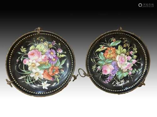 Pair Of European Finely Decorated Floral Baskets On Bronze M...