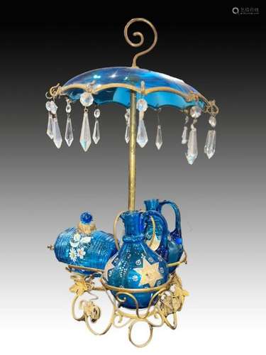 Unusual Gilt Bronze French Blue Glass Umbrella Shaped Liquor...