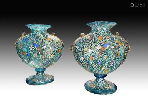 Pair Of Exceptional French Vases, Fully Enamelled With Birds...