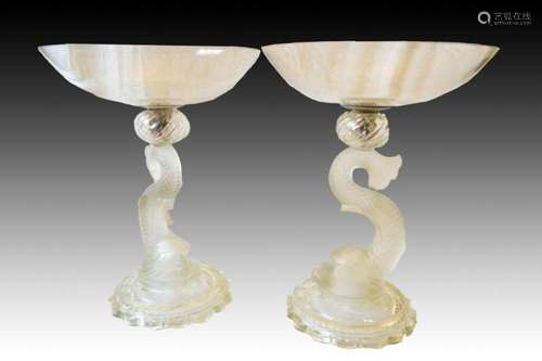 Pair Of Baccarat Tazzes With Frosted Dolphins Stems, 19th Ce...