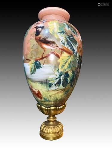 Impressive Large Hand Painted Pink Opaline Glass With Bronze...