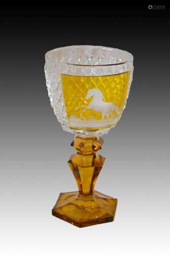 Amber Bohemian Cut Crystal Goblet Decorated With Horse, 19th...