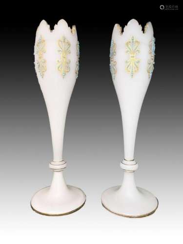 Pair Of Bohemian Frosted Vases With Jewelled Motifs 19th Cen...