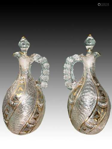 Pair Of Glass Swirl Decanters With Gold Gilt, 20th Century