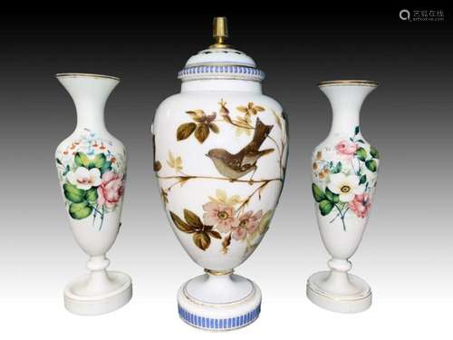 French Baccarat Opaline Garniture Vases Decorated With Birds...