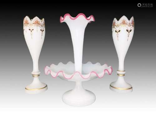 A Pair Of Bohemian Jewelled Frosted Vases & A Tazze Pink...