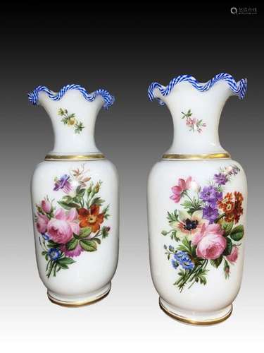 Impressive Pair Of Baccarat Floral Hand Painted Vases Blue S...