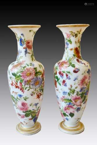 Fine Pair Of Baccarat Opaline Vases Hand Painted With Floral...