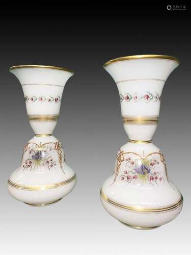 Pair Of Hand Painted Floral Baccarat Vases, 19th Century