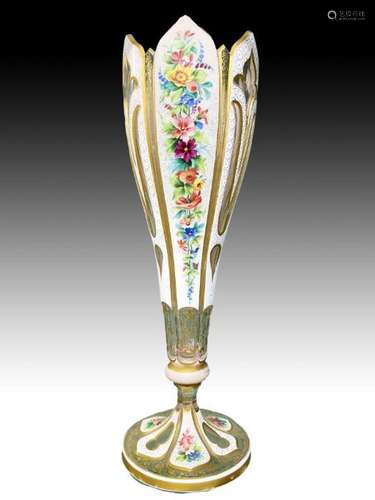 Bohemian Clear & White Vase Decorated With Flowers, 19th...