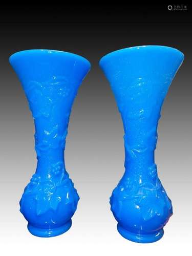 Pair Of Blue Baccarat Opaline Vases Decorated With Floral Sc...