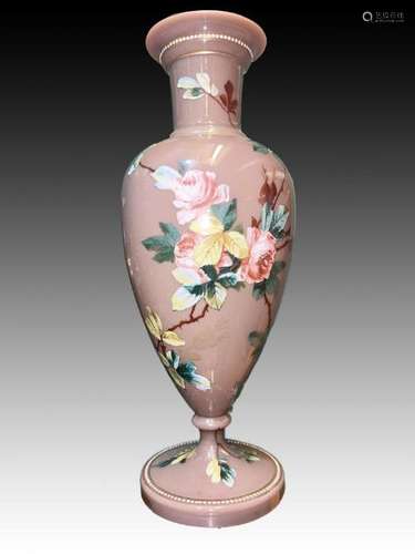 Impressive Hand Painted Opaline Floral Vase With Jewelled Ri...