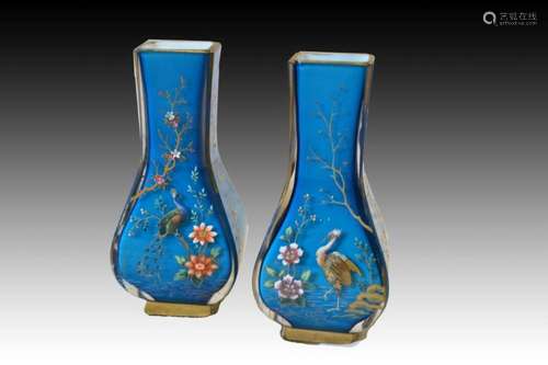 PAIR OF 'JAPONISME' PAINTED ENAMEL VASES, ATTRIBUTED...