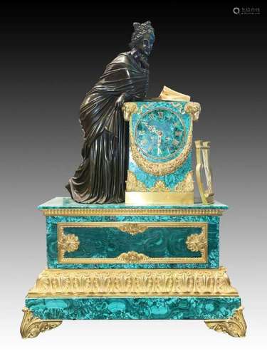 A FRENCH GILT BRONZE AND MALACHITE VENEERED MANTEL CLOCK 19T...