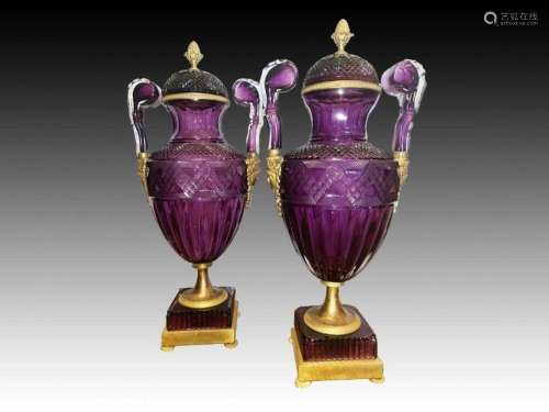 A PAIR OF RUSSIAN ORMOLU-MOUNTED PURPLE GLASS VASES 19TH CEN...