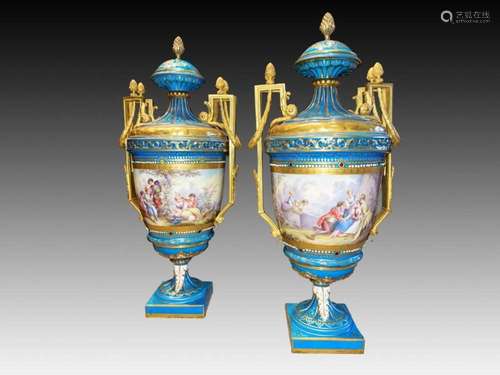 Pair Of Porcelain & Gilt Bronze Vases In The Manner Of S...