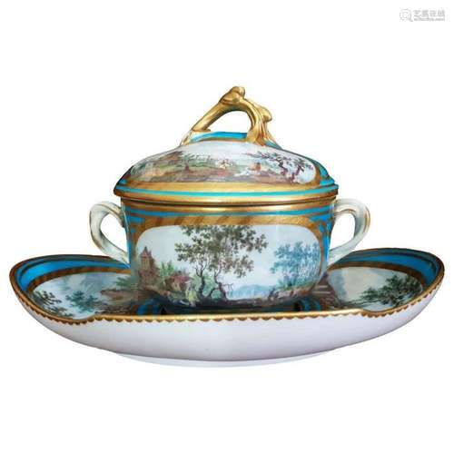 1783 Dated Sevres Blue Lidded Chocolate Cup & Saucer Han...