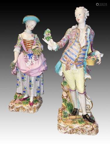 A LARGE PAIR OF MEISSEN FIGURES OF GARDENERS 19TH CENTURY