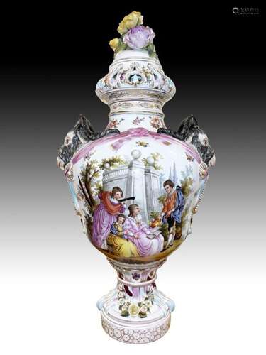 A Large Impressive Dresden Hand Painted Vase & Cover Wit...