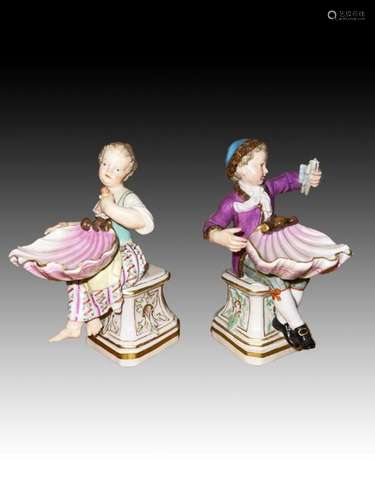 A Rare Pair Of Meissen Boy & Girl Shell Salt Figures, 19...