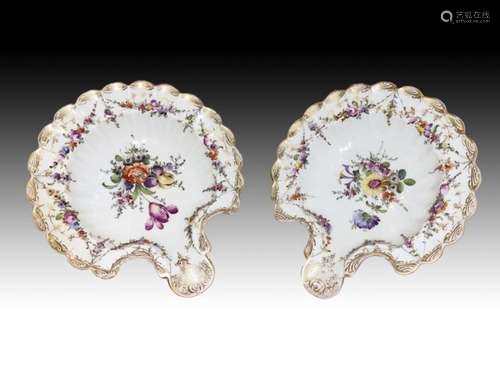 A Rare Pair Of Hand Painted Fan Shaped Shell Dishes, Dresden...